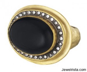 Yossi Harari Janie black onyx and pave diamond ring, 24kt gold and oxidized gilver